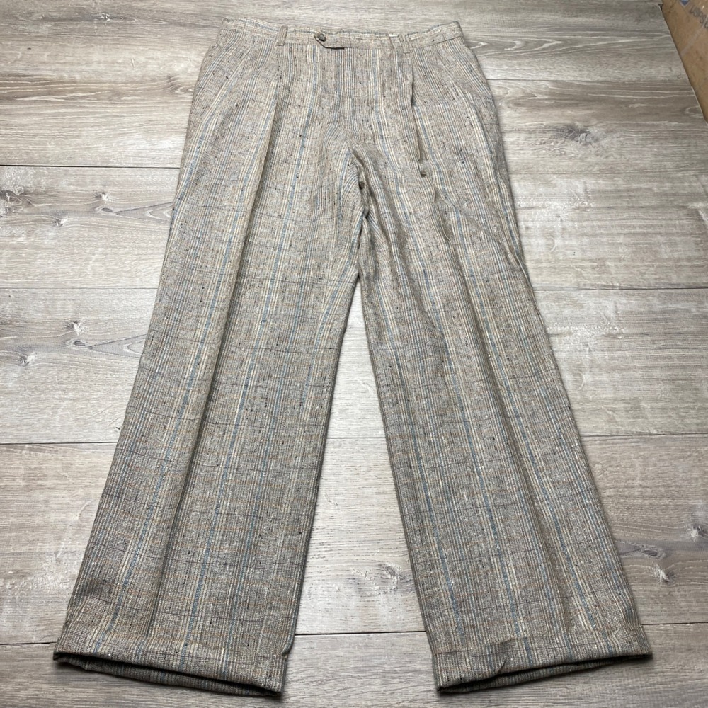 Leeds Pants Slacks Mens 34x30 Brown Blue Plaid Pleated Cuffed Vintage USA Made